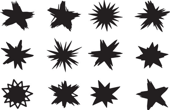 Collection of twelve black starburst shapes with jagged edges, resembling a distressed or hand-drawn style, brush stroke