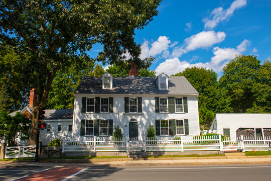 Fitch Tavern was built in 1710 is in Historic District at 12 Great Road in town center of Bedford, Massachusetts MA, USA. 