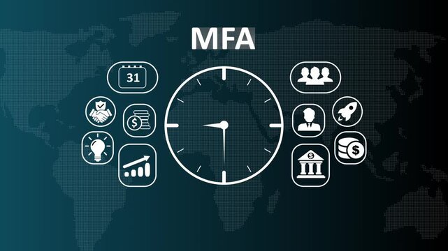 Advanced MFA Multi-Factor Authentication and cyber security concept video displaying digital icons for identity verification, secure login protocols, and corporate data protection.