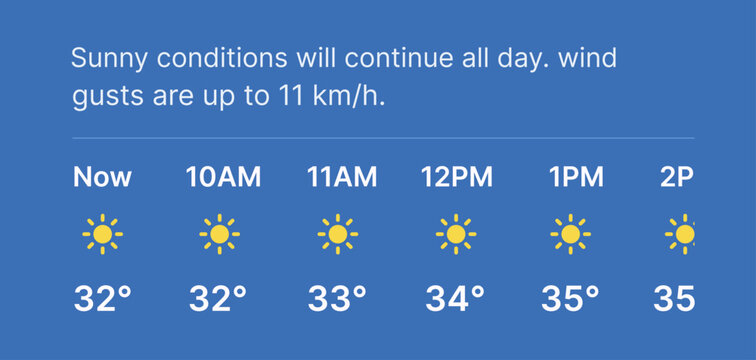 Modern weather forecast dashboard with hourly temperature updates and sunny climate interface
Minimal blue weather application design showing forecast timeline wind gusts and sun icons