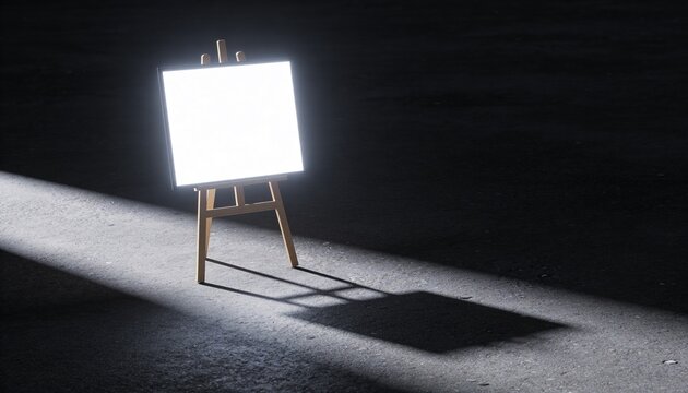 Standing wooden tripod easel holding bright blank canvas on paved ground, casting long shadow