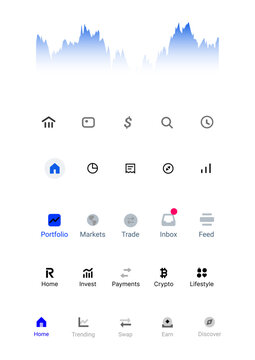 Modern fintech mobile app navigation icons with crypto investment and portfolio dashboard UI
Minimal banking and trading application interface showing payments markets inbox and analytics
