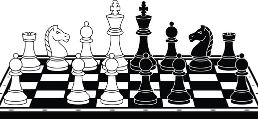 Chess board battle illustration set, generic black and white strategic game elements for competition and mind sport design. © FASTSEO