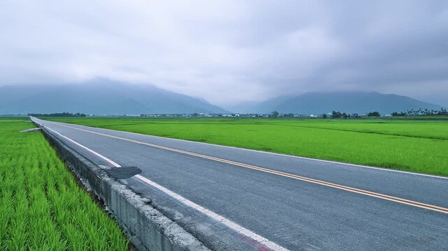 A scenic view of the famous Brown Boulevard in Chishang, Taitung, featuring vast green rice paddies under a cloudy sky at dusk.