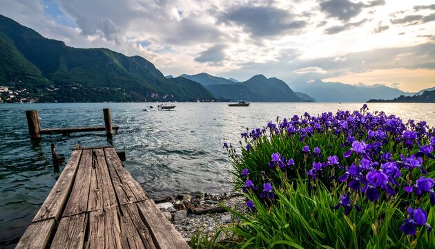 Serene lake scene with purple flowers, wooden dock, & mountain backdrop