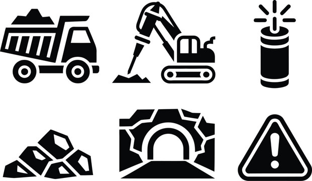 Mining equipment and symbols set with construction excavator jackhammer dynamite industry machinery transportation equipment underground excavation