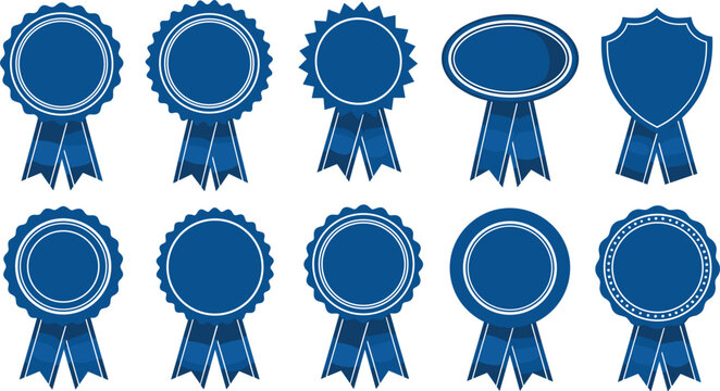 Blue Ribbon Award Badge and Seal Set Vector Illustration with Round, Oval, Shield, and Rosette Shapes for Certificate, Quality, and Achievement Designs