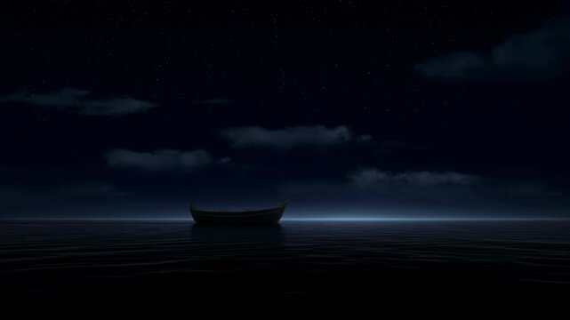 Calm Ocean At Night Scene. Tranquil Ocean Horizon Under Cloudy Sky Illuminated By Distant Glow