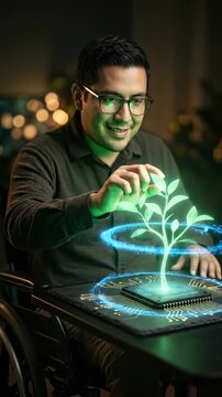 A forward-thinking individual, positioned in a wheelchair, gazes at an electronic device emanating a luminescent tree, symbolizing a fusion of nature and cutting-edge technology. 