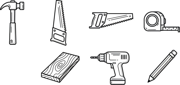 Line of carpentry tools and including a hammer, saws, tape measure, wood, drill, and pencil