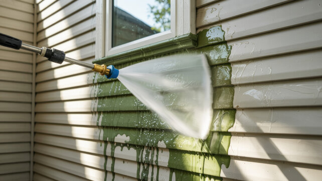 Power washer cleaning house siding near window with green algae