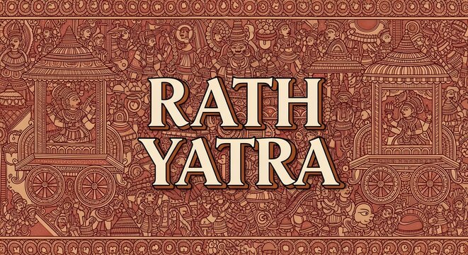 Rath Yatra Festival Poster Background, featuring a traditional Indian folk art style design with intricate chariot procession details and festive cultural motifs, perfect for celebration banners or