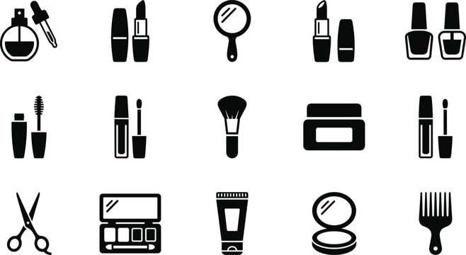 Black Silhouette Beauty and Cosmetics Icon Set Vector Illustration with Lipstick, Mascara, Brush, Mirror, Nail Polish, Perfume, and Makeup for Fashion Designs