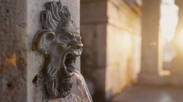Venetian wall fountain with grotesque mascaron water spout at sunrise.Old Venice