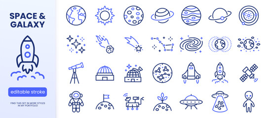 Fototapeta na wymiar Astronomy line icon set. Space planet, Earth, moon, sun, galaxy, rocket astronaut, alien minimal vector illustrations. Simple outline signs for cosmos science. Blue duotone color. Editable Stroke