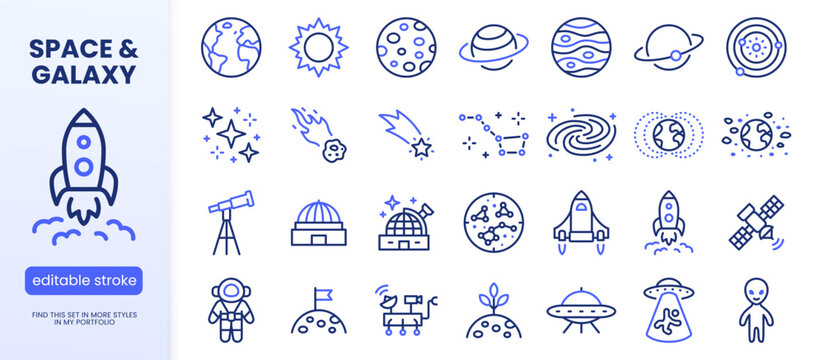 Astronomy line icon set. Space planet, Earth, moon, sun, galaxy, rocket astronaut, alien minimal vector illustrations. Simple outline signs for cosmos science. Blue duotone color. Editable Stroke