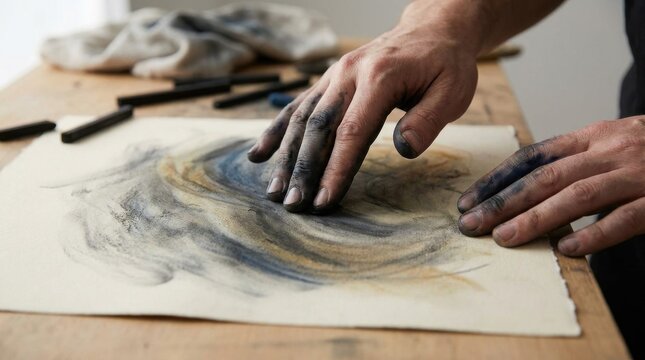 Artist's hands smudging charcoal on paper, creating textured abstract art in a studio