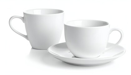 Fototapeta premium Two simple white ceramic mugs, one with saucer, on a bright white background