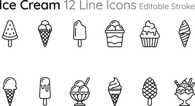 12 Ice Cream Icons Set Featuring Popsicles, Cones, Sundaes, and Cups in Editable Line Art Style12 Ice Cream Icons Set Featuring Popsicles, Cones, Sundaes, and Cups in Editable Line Art Style