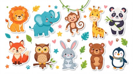 Obraz premium Cartoon animals holding leaves and branches in colorful background