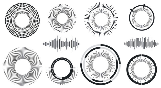 Abstract circular graphic elements and sound wave forms.