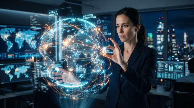 Businesswoman touching virtual screen