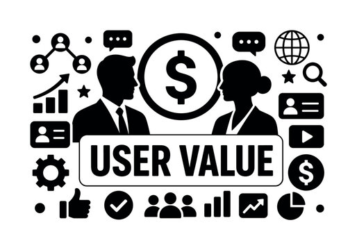 Business User Coin Banner. Clean solid banner with two business people avatars and oversized coin symbol, characters and objects spread to all edges, one male and one female, large coin and profile