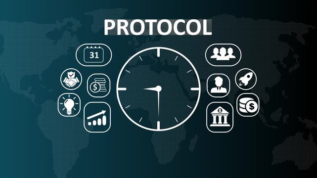 Professional network Protocol and data communication standard concept video displaying digital icons for secure transfer protocols, internet connectivity, and system rules dashboard.