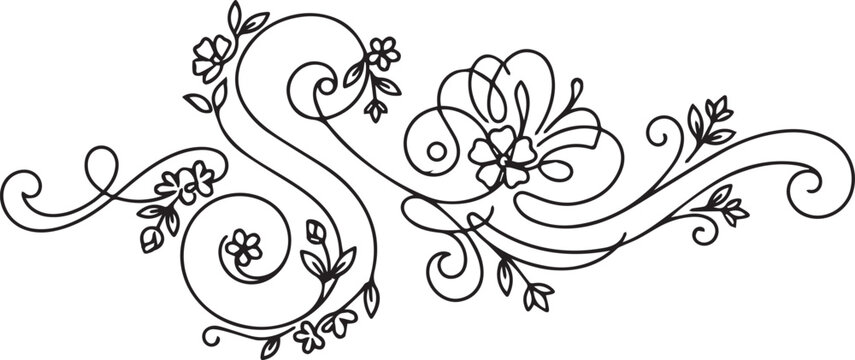 Elegant S-Curve Floral Flourish Vector Design with Ornate Black Line Art Swirls for Decorative Page Dividers