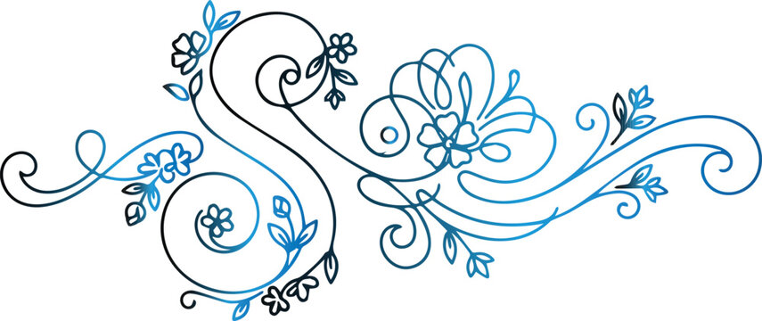 Elegant S-Curve Floral Flourish Design with Blue and Black Gradient Ornate Swirls for Decorative Page Dividers