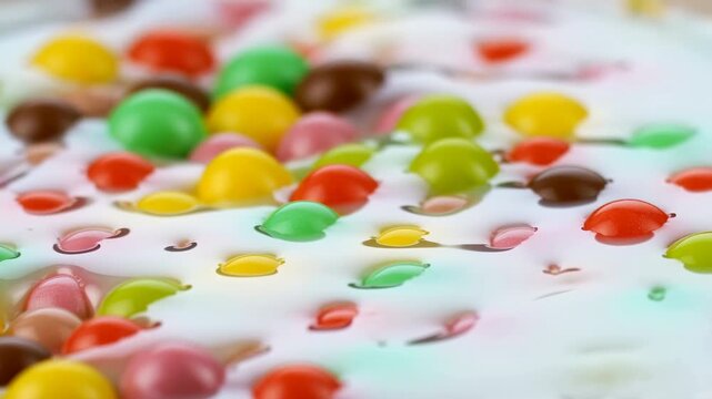 Brightly Colored Confections Gently Suspended In Milky Fluid With Soft Bokeh Background Effects