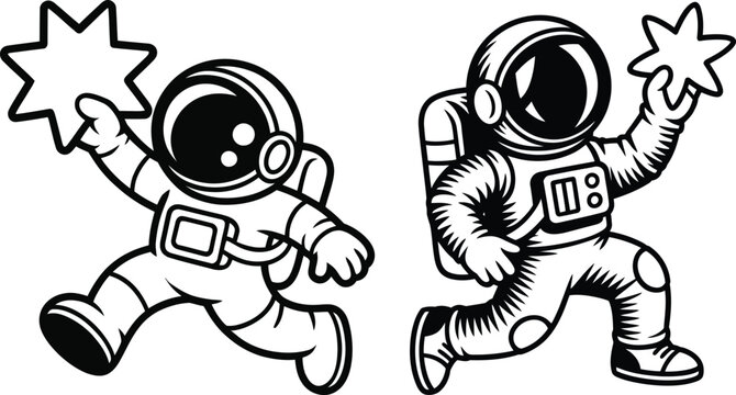 Astronauts holding stars vector illustration with outer space line art zero gravity astronaut cosmonaut exploration discovery universe illustration
