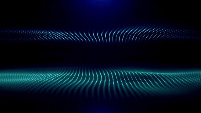 Cyan particle planes waving in a parallel 3D structure on a dark background.