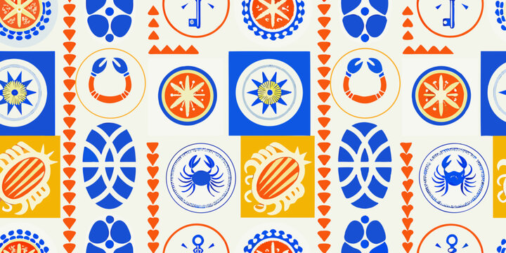 Geometric pattern with zodiac signs and nautical symbols blue and orange