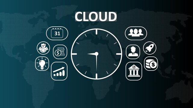 Global Cloud computing and remote storage technology concept video featuring digital icons for virtual infrastructure, decentralized networking, and enterprise data accessibility.