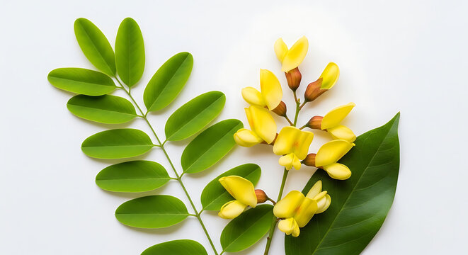 Yellow Robinia pseudoacacia flowers and green leaves on white background  