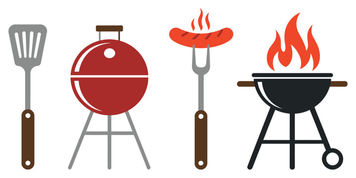 BBQ Grill Vector Set with Barbecue Accessories, Cooking Tools and Outdoor Party Equipment, Modern Designer Illustration for Web Banner, Restaurant Menu and Summer Picnic Promotion