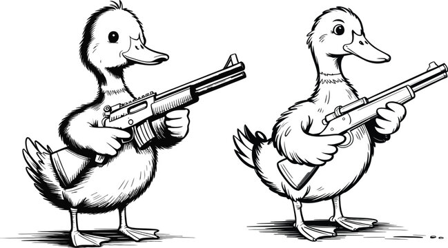 Funny cartoon ducklings holding shotguns sketch set humorous wildlife illustration with line art black and white duckling wildlife waterfowl outdoors
