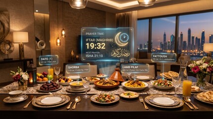 Fototapeta premium Overhead view of traditional Ramadan iftar dining table with dates and nutritional digital data