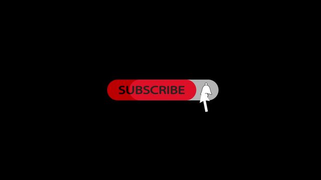 4K animated YouTube subscribe button with bell notification icon and cursor click on black background for video overlay