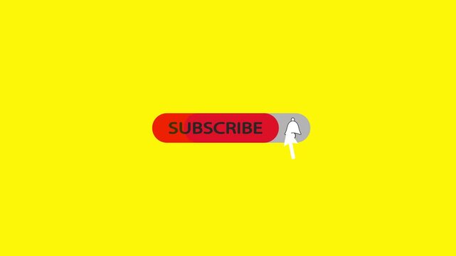 4K animated YouTube subscribe button with bell notification icon and cursor click on yellow background