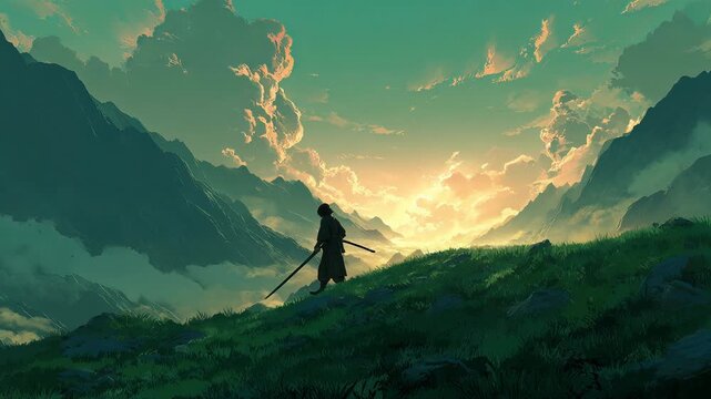 Silhouette of a man slashing a sword on a green hill, anime style mountain scene