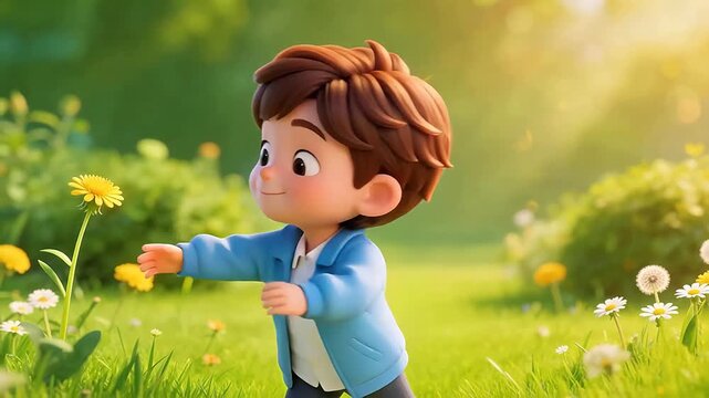 Boy in blue jacket on sunny grass