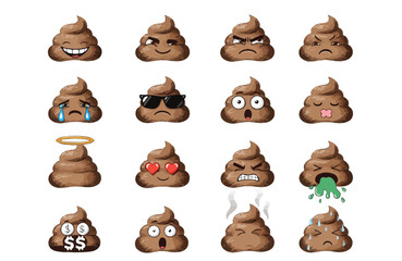 Fototapeta premium Playful Poop Emoji Sticker Set Showing 16 Funny Emotions and Expressions for Messaging