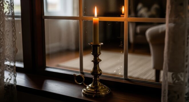 A polished brass candlestick with a flickering flame sits on a windowsill, casting a warm glow.