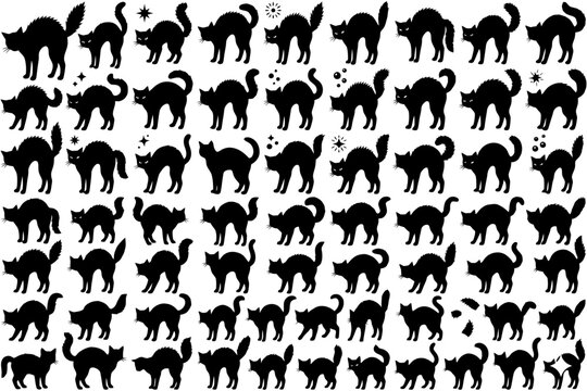 Silhouette collection of various cats in halloween poses.