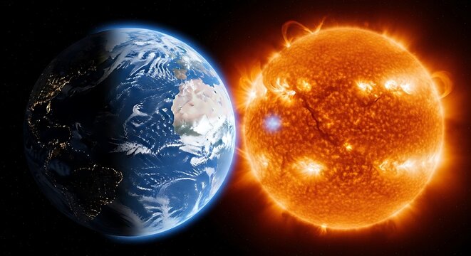 Earth and Sun in Outer Space.