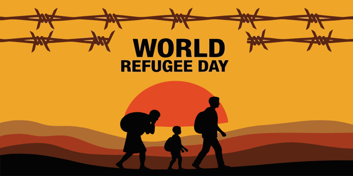 World Refugee Day Banner with Barbed Wire and Migrant Silhouette Illustration