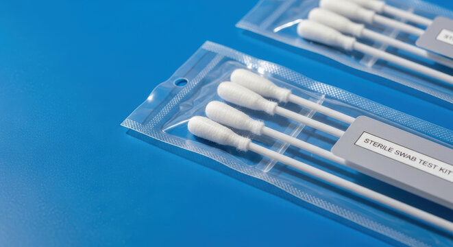 Sterile swab test kit for pandemic preparedness and health policy use with cotton tip and plastic stick on blue background