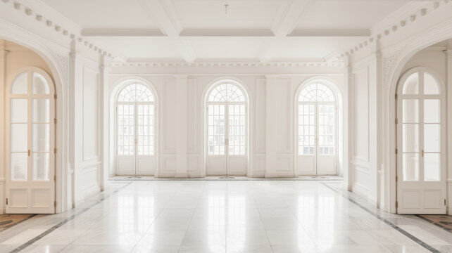 Grand classic elegant white room with arched windows and polished marble floor